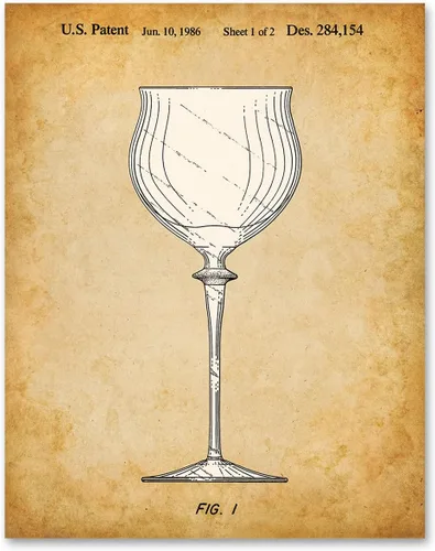 Vista 6 de Vintage Wine Glass Patent Drawing 1986 Stemware Illustration Antique Parchment Artwork Oak Frame Ready Hang for Home Bar Kitchen Dining Room Wine