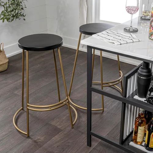 Vista 6 de JONATHAN Y Hula Taburete de bar de hierro curvado sin espalda de 28.75 pulgadas, negro/dorado Art Deco Style, Round Seat, Integrated Footrest