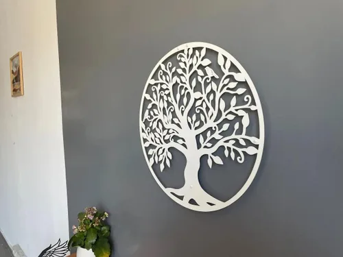 Vista 3 de DEKADRON Arte de pared de metal, árbol de la vida blanco, árbol genealógico de metal, silueta de pared de metal, decoración de pared de metal