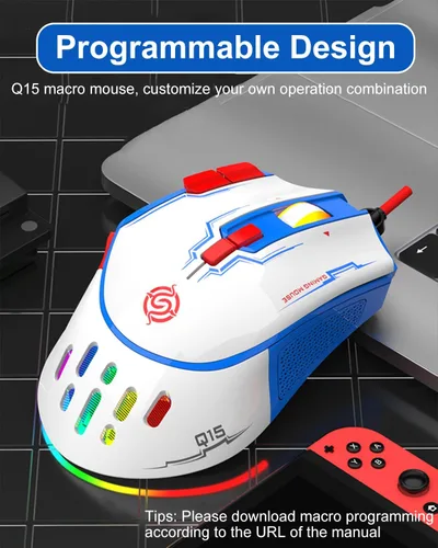 Vista 2 de Ratón para juegos con cable RGB, mouse de computadora programable de 9 teclas con 6 DPI ajustables hasta 6400, hueco de panal, luces LED coloridas