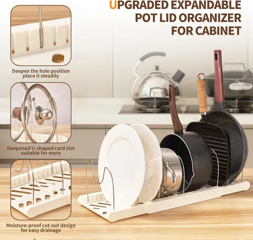 Vista 4 de Organizador expandible para ollas y sartenes, divisores ajustables de acero inoxidable, soporte para tapa de olla, organizador y almacenamiento