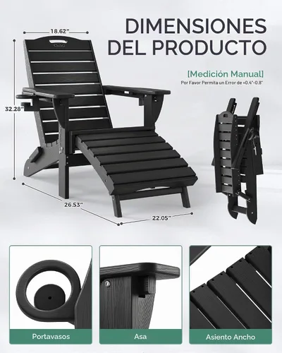 Vista 3 de Sillas Adirondack ajustables con otomana retráctil, silla Adirondack plegable de HDPE con 2 soportes para tazas, resistente a la intemperie