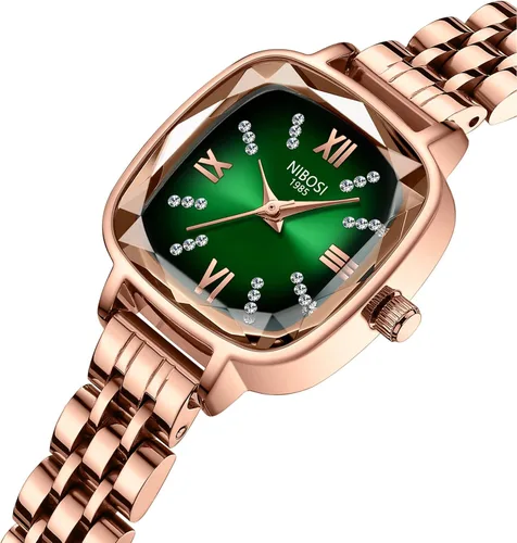 Vista 2 de NIBOSI Reloj analógico cuadrado con esfera verde para mujer, elegante reloj de pulsera con diamantes de oro rosa con correa de acero inoxidable