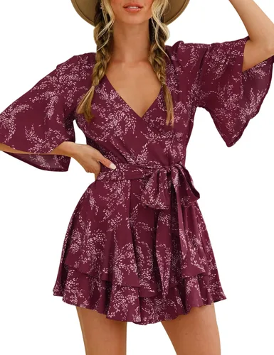 Vista 4 de Relipop Enterizo de verano para mujer, diseño floral, cuello en V, manga corta, cintura con nudo y dobladillo con volantes, overol corto casual