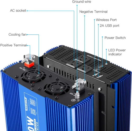 Vista 3 de Inversor de Onda Sinusoidal Pura de 2000W 12V DC a 110V AC Inversor de Energía para Hogar/Camión/RV/Camping/Barco/Sistema Solar Fuera de la Red