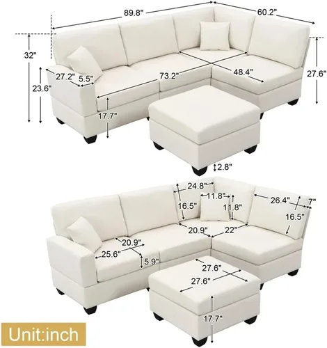 Vista 3 de Juego de sofá esquinero de tela de lino en forma de L de 89.8 x 60.2 pulgadas, sofá seccional, modular de 5 asientos con otomana convertible (E)