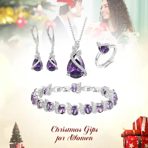 Vista 5 de BriLove Juego de joyas para novia, gota de agua con gas de circonita cúbica, collar con colgante de cristal, aretes de palanca y pulsera de tenis