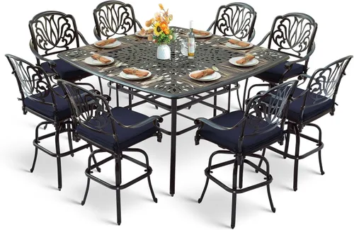 Vista 14 de Juego de barra para exteriores de 10 piezas, muebles de bar de aluminio fundido para todo tipo de clima con 8 taburetes de bar giratorios Bronce
