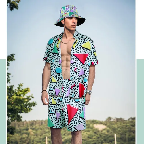Vista 5 de Conjunto de 2 piezas de camisa y pantalones cortos retro de los años 80 y 90 con sombrero, trajes de playa hawaianos para hombres, fiesta