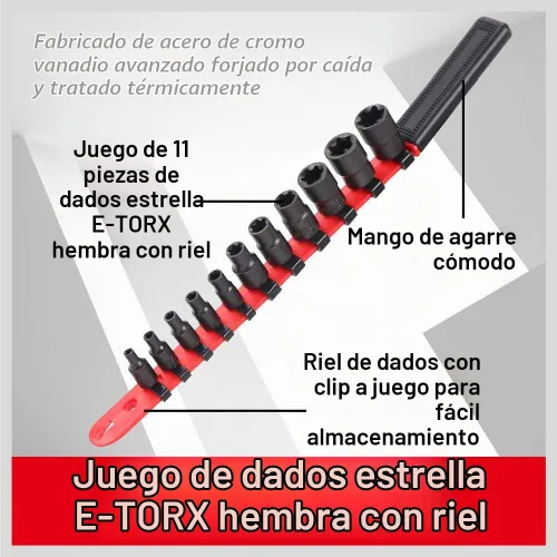 Vista 2 de SEDY Juego de llaves de vaso E-Torx de 11 piezas – Juego de enchufes de estrella con riel de enchufe, enchufe externo Torx con organizador, juego