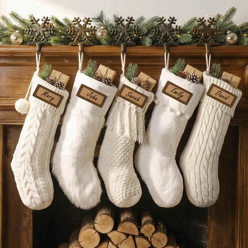 Vista 8 de Medias de Navidad de 18 pulgadas, 5 medias de punto trenzado color burdeos surtido con lazo de cinta de terciopelo, hilo rústico de granja de Borgoña