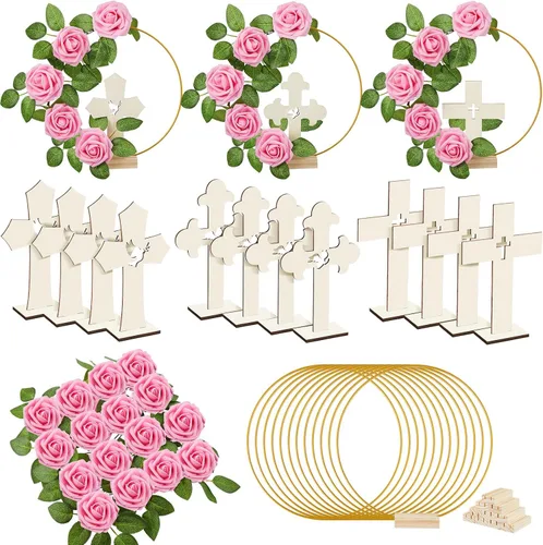 Vista 10 de Wesiti 48 piezas Centro de mesa para bautizo, decoración de mesa para primera comunión, 12 cruces de madera, 12 aros florales con soporte, 24 rosas