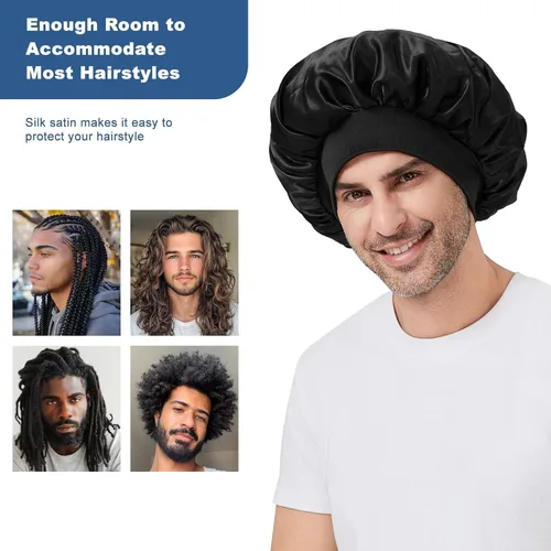 Vista 5 de Gorro para hombre, gorro de doble capa para dormir, gorro de dormir ajustable con banda elástica, gorros de satén de seda para trenzas de cabello