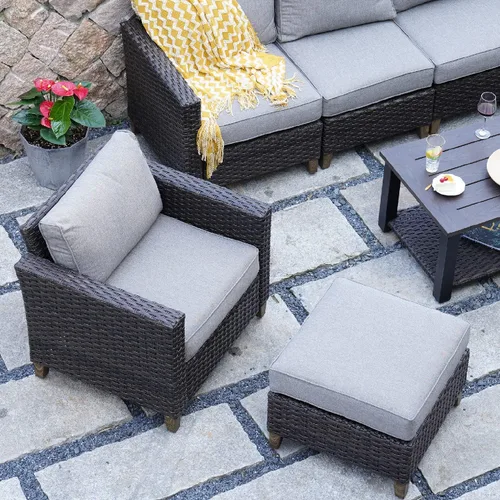 Vista 4 de Grand patio Reposapiés otomano para patio al aire libre con tela de primera calidad, suave cojín extraíble, asiento otomano de mimbre para jardín