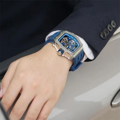 Vista 8 de TSAR BOMBA Reloj para hombre, reloj automático impermeable de 164.0ft, esqueleto mecánico tonneau esfera grande reloj negro con correas de reloj