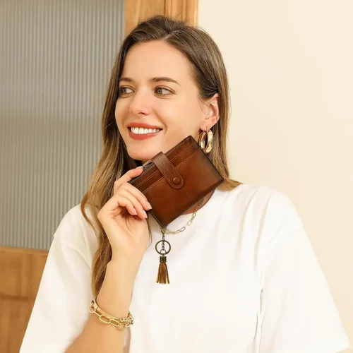 Vista 2 de Billetera de cuero para mujeres, billetera pequeña con bloqueo RFID para mujeres, billetera compacta de dos pliegues con tarjetero, ventana