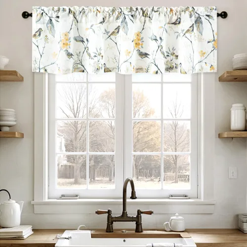 Vista 8 de Leeva - Cortinas pequeñas con estampado de pájaros, 24 pulgadas de largo, conjunto de paneles para ventanas, diseño de estampado de pájaros