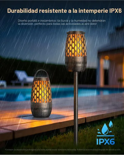 Vista 4 de Altavoces para exteriores Bluetooth impermeables IPX6 con luces de llama, regalos gadget para papá, ella, él, sonido estéreo HD, BT 5.3