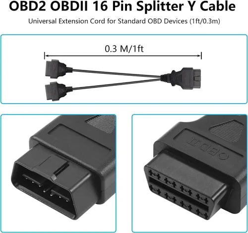 Vista 7 de CERRXIAN 30cm/1ft OBD2 OBDII 16 Pin Splitter Y Cable 1 macho a 2 Cable de extensión hembra