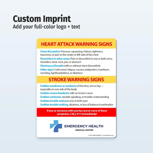 Vista 2 de Safety Magnets by ZOCO – Paquete de 100 señales de advertencia de ataque cardíaco y accidente cerebrovascular personalizado para nevera – Folleto
