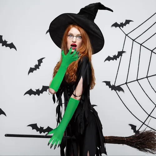 Vista 5 de Sombrero de bruja de Halloween, disfraz de bruja, gafas con guantes para mujer, accesorios de cosplay de película de Halloween, suministros