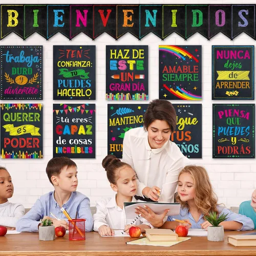 Vista 6 de gisgfim 21 pósteres inspiradores españoles de Bienvenidos, color negro, colorido, motivacional, juego de tablones de anuncios para el aula, oficina