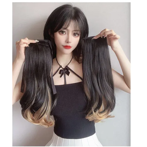 Vista 3 de YYDS 2 extensiones de cola de cerdo de 15.7 pulgadas (15.7 in), con reflejos ondulados, rubio, cola de caballo, natural (marrón claro)