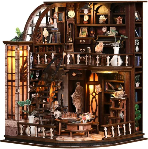 Vista 19 de Kit de rincón de libros para bricolaje con luz LED, casa de muñecas en miniatura, rompecabezas de madera 3D, decoración de estantería, regalo