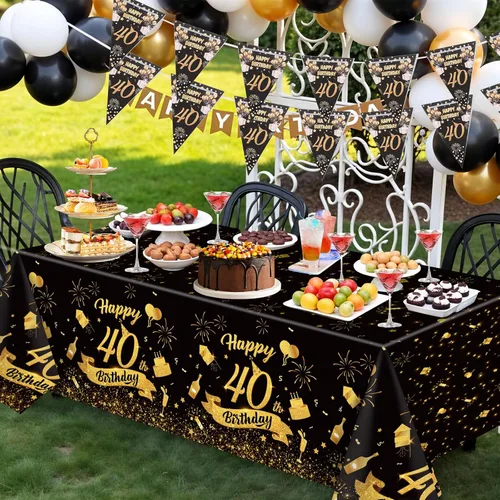 Vista 7 de Paquete de 3 manteles de plástico desechables para cumpleaños de 40 años, color negro y dorado Mantel rectangular impermeable para cumpleaños, 40