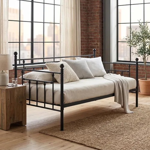 Vista 3 de VECELO - Marco de sofá cama de tamaño individual con soporte de listones de acero, cabecero, plataforma de cama para sala de estar, habitación