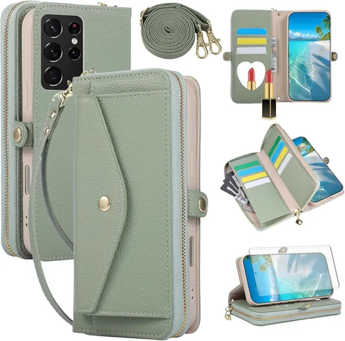 Vista 66 de Asuwish Funda de teléfono para Samsung Galaxy S23 5G con cremallera, funda para celular con protector de pantalla, correa para el hombro, espejo