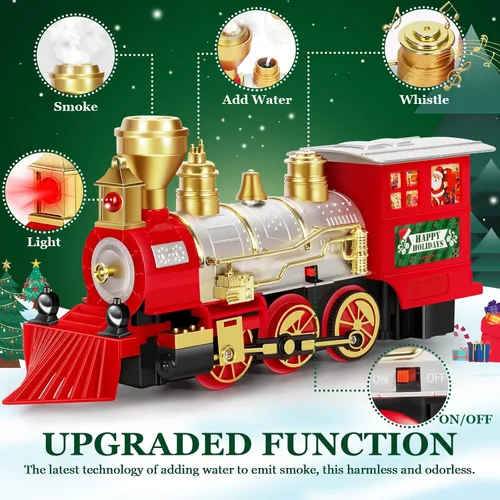 Vista 3 de OleFun Juego de tren de Navidad, juguetes de tren eléctrico con vapor de agua, sonidos y luces, juego de tren modelo para debajo del árbol