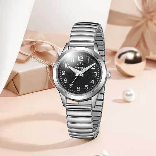 Vista 7 de BOSHIYA Reloj con banda elástica para mujer Easy Reader de 1.181 in analógico de cuarzo con correa elástica de acero inoxidable, impermeable, reloj