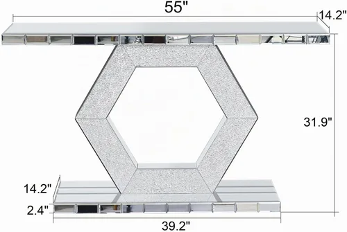Vista 2 de Mesa consola con espejo de 55 pulgadas, mesa larga para sofá de sala de estar, oficina, detalles de cristal de diseño hexagonal, moderno escritorio