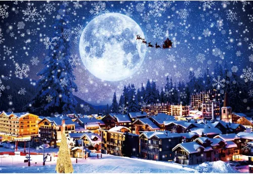 Vista 6 de Telón de fondo de 2,1 x 1,5 m para pueblo navideño, nieve invernal, cielo nocturno, montaña, Santa, fondo para fotografía, decoración para fiesta