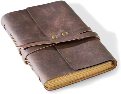 Vista 10 de Diario de cuero genuino de 4 x 6 pulgadas para hombres y mujeres con caja de regalo, 300 páginas de papel kraft forradas, diario encuadernado