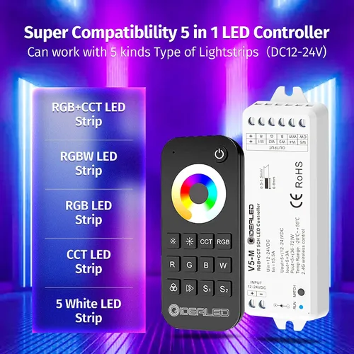 Vista 2 de GIDEALED Controlador LED RGBCCT inalámbrico de 5 canales 2.4G con control remoto RF, atenuación 5 en 1 RGBWW LED Strip Controller para RGBW RGBWW