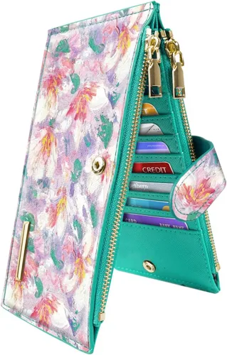 Vista 16 de Billetera de mujer con bloqueo RFID de gran capacidad, organizador multitarjetas, billetera plegable para mujer con bolsillo con cremallera