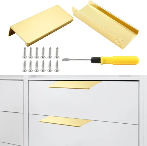 Vista 2 de Paquete de 6 tiradores ocultos modernos de aleación de aluminio dorado cepillado, 3.15 x 1.26 pulgadas, fáciles de instalar, estilo lujoso