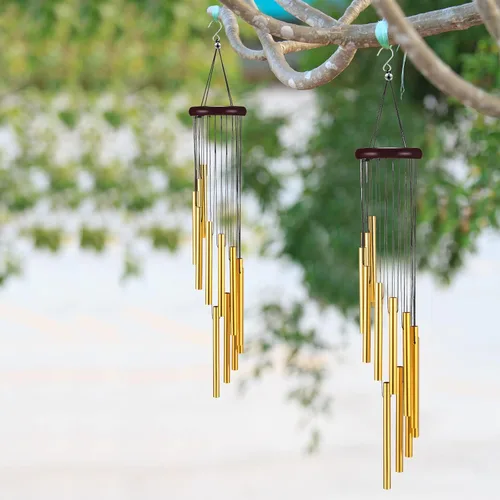 Vista 5 de 6 carillones de viento conmemorativos de tono profundo con 6 tubos de aluminio, tubos de aluminio dorado, melodía calmante para jardín, patio