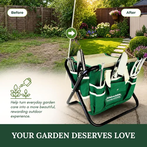 Vista 8 de GardenHOME Juego de herramientas de jardinería de 7 piezas, herramientas de acero inoxidable con asas de madera, taburete plegable y bolsa de lona