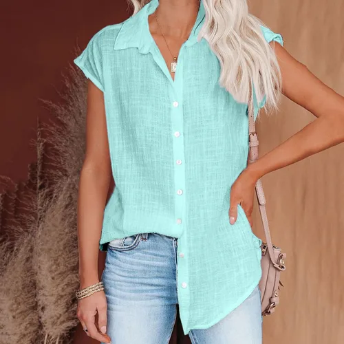 Vista 34 de Ceboyel Camisas para mujer de moda de verano, algodón, lino, manga corta, cuello con botones, blusa casual para mujer 2023
