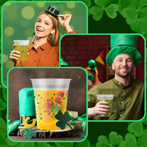 Vista 4 de 50 vasos de plástico de 12 onzas para el Día de San Patricio, vasos desechables impresos con texto en inglés "Happy St. Patrick's Day" y "Lucky