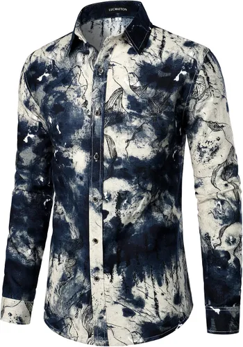 Vista 2 de LucMatton Camisa de algodón y lino elegante y floral de manga larga con botones para hombre