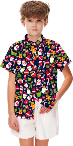 Vista 5 de Remimi Camisa unisex de Halloween para niños, camisetas hawaianas de manga corta con botones feos de 5 a 14 años Christmas Gift