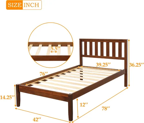 Vista 2 de MERITLINE Base de cama individual, plataforma de madera con cabecero y estribo, no necesita somier, nogal