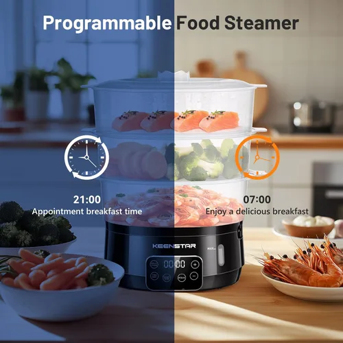 Vista 5 de Vaporizador Eléctrico de 13.7QT para Cocinar, Vaporizador de Vegetales con 3 Niveles Libres de BPA, Vaporizador Digital con Programa, 800W de Cocina