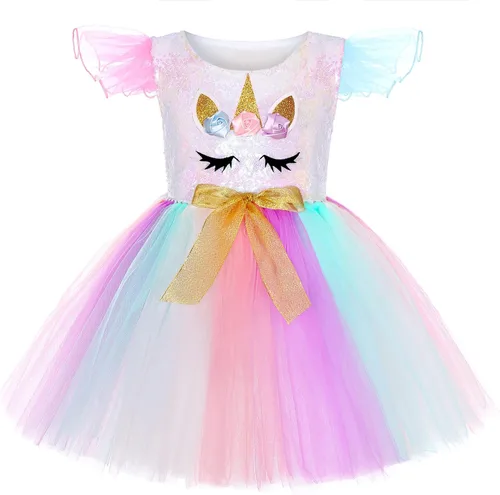 Vista 2 de Soyoekbt Girls Unicorn Costume LED Light Up Unicorn Princess Tutu Dress for Birthday Party Halloween with Headband Wing