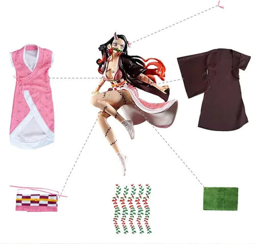 Vista 5 de Nezuko - Disfraz de kimono para niñas adultas, bata de anime japonés, disfraz de kimono de Halloween con accesorios de bambú
