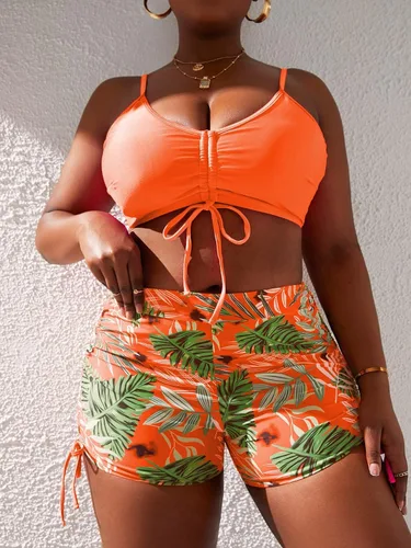 Vista 5 de MakeMeChic Traje de baño de 2 piezas para mujer, talla grande, estampado tropical, con cordón y push up, bikini